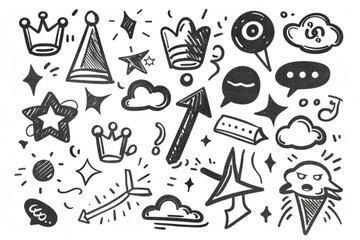 Charcoal pen liner doodle texture elements, crown, emphasis arrow, speech bubble, scribble. Handdrawn cute cartoon pencil sketches of decorative icons. Vector illustration of fire, highlight, explosio