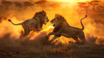 Wild Lion Fight at Sunset on African Savanna