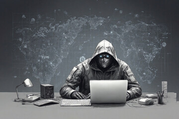 The hacker is sitting at the computer. Illustration.Hacking the security system.