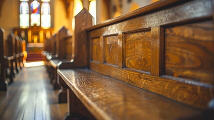 A detailed shot of a church pew during Easter service, with a plain, text-ready background, emphasizing tranquility - obrazy, fototapety, plakaty