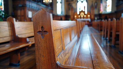 A detailed shot of a church pew during Easter service, with a plain, text-ready background, emphasizing tranquility