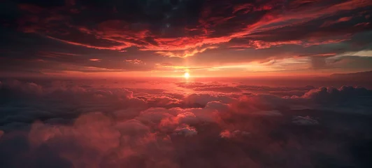 Abwaschbare Fototapete Highly dramatic sunrise scenery from above the fog, AI Generative. © Miry Haval