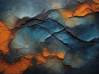 Textured surface resembling cracked earth, dried paint captured, with dynamic interplay of deep blue, burnt orange hues creating striking contrast that suggests both arid desolation.