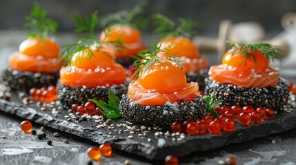  tomatoes atop black sesame seeds, garnishes included