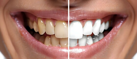 Smile Transformation: Pre & Post Teeth Whitening. Concept Smile Makeover, Cosmetic Dentistry, Teeth Whitening Benefits, Enhancing Confidence, Dental Care - obrazy, fototapety, plakaty