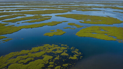 Estuarine ecosystems seen from above, where marshes absorb CO.