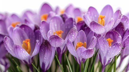   A tight shot of purple blooms, each petal dotted with water droplets against a clean white background