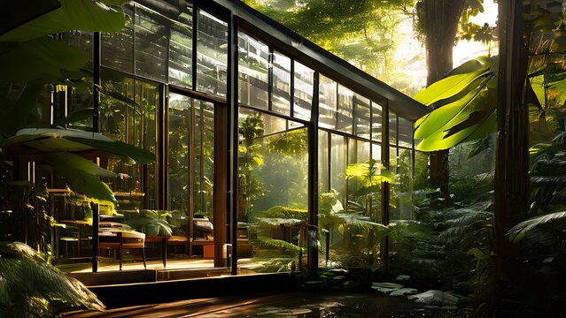 Luminous Retreat: Jungle House with Spacious Glass Windows, Embracing Sunlight and Shadows