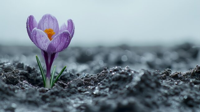   A solitary purple flower atop a mound of black rocks, its yellow center gleaming in contrast