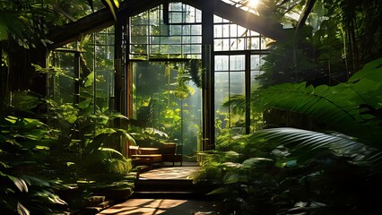 Sunlit Sanctuary: Jungle House with Large Glass Windows, Capturing the Dance of Light and Shadow