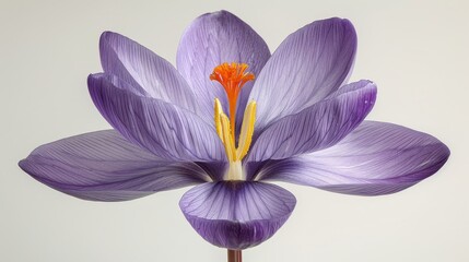   A tight shot of a purple flower with a yellow stamen at its core