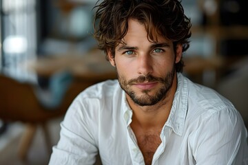 Handsome Man with Curly Hair in White Shirt, Intimate Portrait. Concept Portrait Photography, Handsome Man, Curly Hair, White Shirt, Intimate Moments