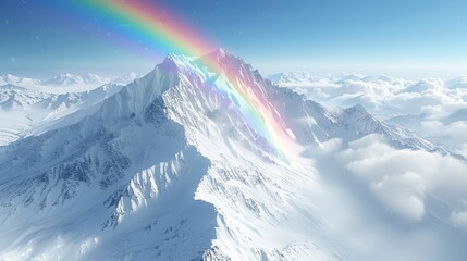   A rainbow arcs in the sky above a snow-capped mountain, its reflection forming another rainbow on the mountain's peak