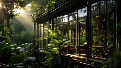 Fototapeta na wymiar Sunlit Haven: Jungle House with Large Glass Windows, Capturing the Mesmerizing Play of Sunlight and Shadows
