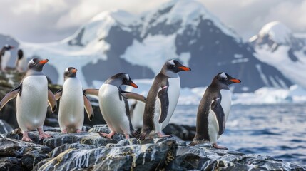 Penguins on Rocky Shoreline with Snowy Mountains