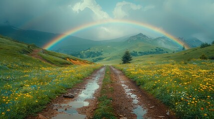   A dirt path in a expanses of verdant pastureland Above, an arching rainbow graces the sky Distantly, a towering mountain range forms the backdrop