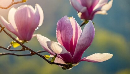 a spring pink and purple magnolia blossom flower branch magnolia tree blossoms in springtime tender pink flowers bathing in sunlight warm april weather there are dew drops in the morning