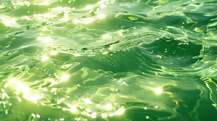 Naklejka na ściany i meble An abstract blurred transparent green colored clear calm water surface texture with splashing, bubbles. Shining green ripples on a swimming pool surface. Coastal green water texture. 
