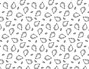 Hand drawn vector seamless pattern of pears, pears and leaves on a white background. Design elements in sketch style. Ideal for menus, flyers, posters, prints, packaging.
