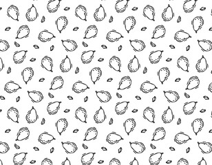 Hand drawn vector seamless pattern of pears, pears and leaves on a white background. Design elements in sketch style. Ideal for menus, flyers, posters, prints, packaging.