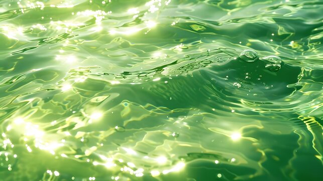 An abstract blurred transparent green colored clear calm water surface texture with splashing, bubbles. Shining green ripples on a swimming pool surface. Coastal green water texture. 