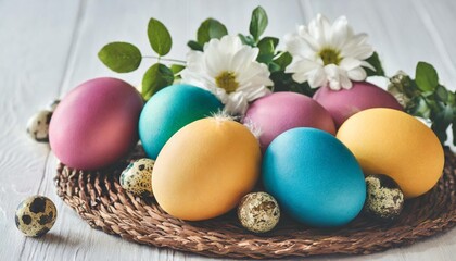 Obraz na płótnie Canvas collection of stylish colors eggs with flowers for easter celebration on white background