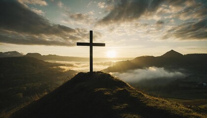 christian cross on hill outdoors at sunrise generative ai