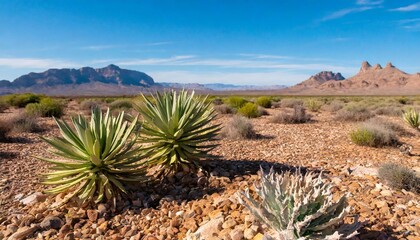desert plants growing on desert landscape with mountains in the background
