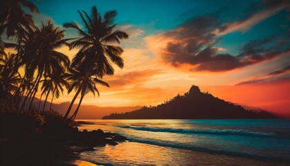 beautiful tropical beach landscape in a 80s retrowave theme mountain ranges palm trees beautiful sunset amazing printable wallpaper