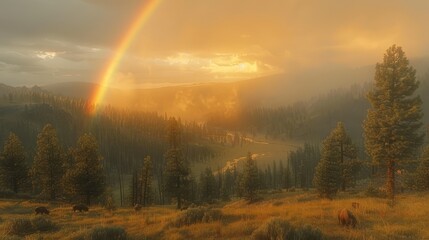   A rainbow shines brilliantly above a mountain valley Horses graze in the foreground, and trees border the scene