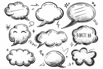 Hand drawn dialogue box sticker set. Speech bubbles icon with squiggle texture. Crosshatch pencil drawn doodle style vector illustration. vector icon, white background, black colour icon