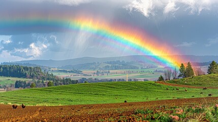   A rainbow arcs over a verdant field where cows graze in the foreground Rolling hills stretch out in the distance