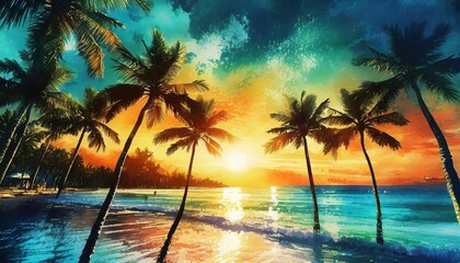 Fototapeta na wymiar summer background palms sky and sea sunset gorgeous landscape watercolor
