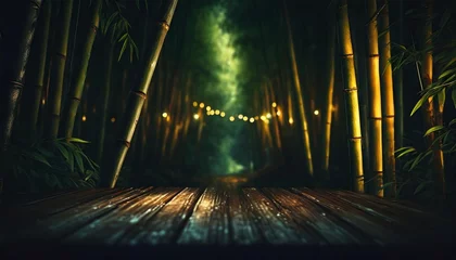 Schilderijen op glas empty wooden and blurred nature bamboo forest background © Lauren