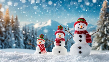 Naklejka na ściany i meble merry christmas and happy new year greeting card with copy space many snowmen standing in winter christmas landscape winter background