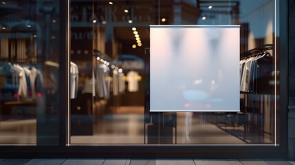 display window of fashion or clothing boutique shop with blank clean signboard mockup for offers or sale season
