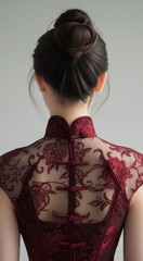 Elegant woman in traditional red dress viewed from behind