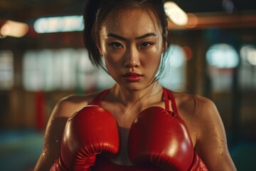 Determined female boxer ready for a fight in the ring