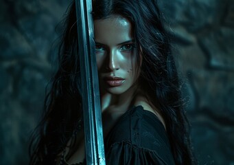 Mysterious warrior woman holding a sword in a dark, moody setting