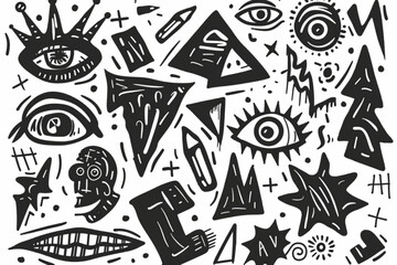 Handdrawn grungy punk linocut shapes, abstract retro groovy icons. Charcoal marker scribble elements - geometric shapes, eye, crown, star, flower. Vector illustration of crayon pencil lino doodles vec