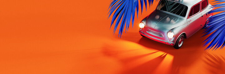 Silver retro car with blue palm leaf decoration on vibrant orange background with copy space. 3D Rendering, 3D Illustration