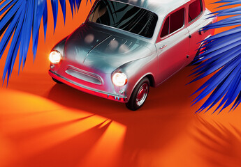 Summer travel concept. Retro car with palm leaf on vibrant orange background. 3D Rendering, 3D Illustration - obrazy, fototapety, plakaty