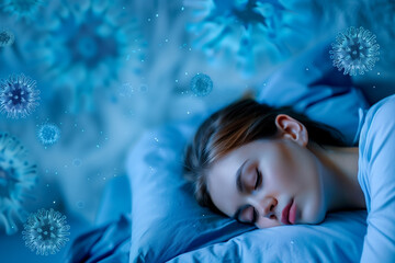 Young Woman Sleeping Surrounded by Flu Viruses in Blue Tones