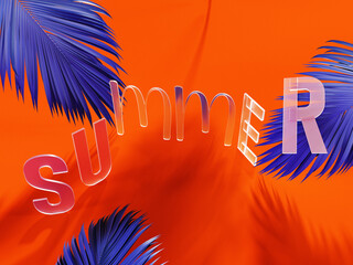 Minimalistic summer concept background text. Summer text with blue palm leaf on vibrant orange background. 3D Rendering, 3D Illustration