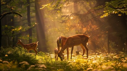 Obraz premium Doe and Fawn Grazing in Enchanted Forest Setting