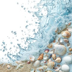 border. . shells, sand, sea. coastal wave. White background. water drop splashes. frame. concept vacation, travel, tropics. sandy beach, ocean wave, water splashes,
