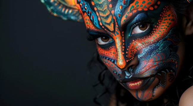 Woman with vibrant tribal face paint in a dramatic pose