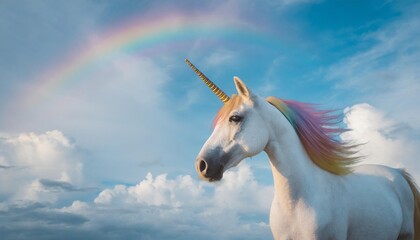 Obraz na płótnie Canvas colorful unicorn pastel rainbow and clouds on blue sky background ai generated image