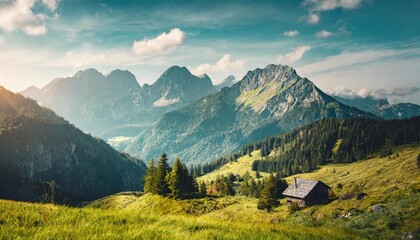 amazing nature scenery in mountain beautiful natural landscape in the summer morning mountain valley with fresh green grass and watzmann mountain ranges amazing nature background creative image - obrazy, fototapety, plakaty