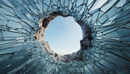 illustration of a hole caused by an explosion in a glass wall abstract thick glass with evident cracks in 3d rendering